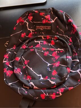 JanSport Black Backpack with Pink & Red Floral Branch Print